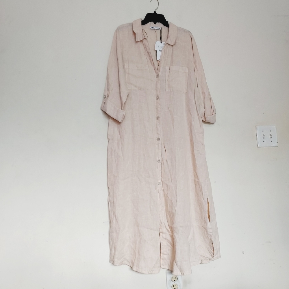 Zara 100% linen Tunic Casual Loose Fit Long Dress Sz-L - Picture 6 of 9